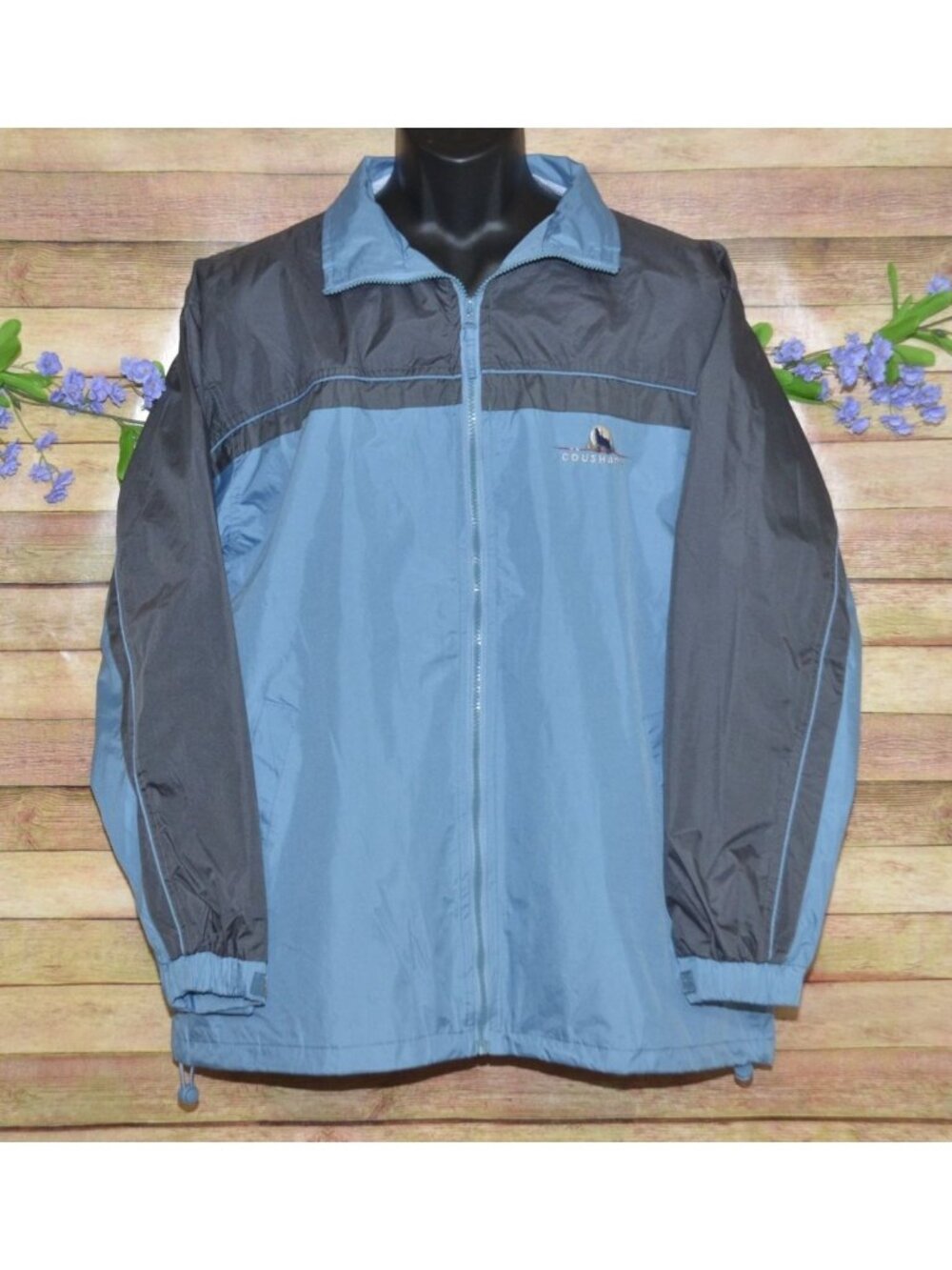 Prairie Mountain Mens L Blue Full Zip Windbreaker Jacket Coushatta Wolf Logo